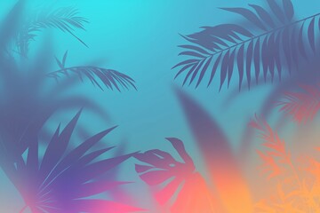Tropical and palm leaves in gradient holographic neon colors. Summer party, travel, holiday, vacation. Retro background with copy space for banner, poster, invitation