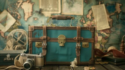 Vintage Travel Trunk with Camera and Map.