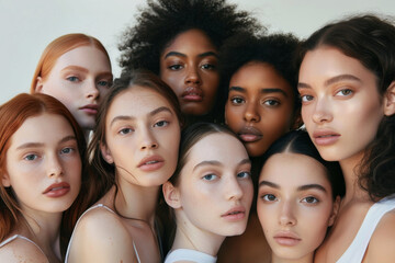 Fototapeta premium Group of women gathered closely, embodying diverse beauty, unity, and collective strength in a bright setting.