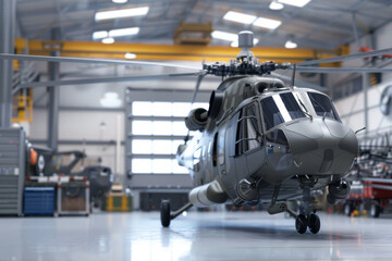A military helicopter, with camouflage paint, is stationed inside a large, well-lit hangar, ready for deployment.