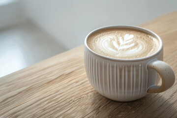 A meticulously crafted latte with a heart-shaped foam, exhibited in a ribbed ceramic cup, perfectly placed on a light wooden surface against a softly lit background.