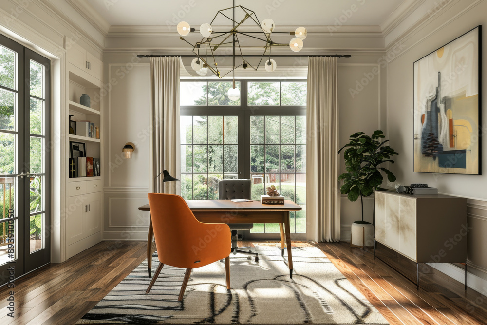 Wall mural an elegant home office bathed in natural light features a sleek desk, vibrant orange chair, and lush