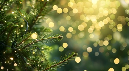A beautifully lit Christmas tree branch adorned with soft, glowing bokeh in the background, evoking a festive atmosphere. 