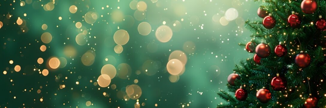 A beautifully decorated Christmas tree with shimmering golden and red ornaments against a dreamy green background filled with festive bokeh. 