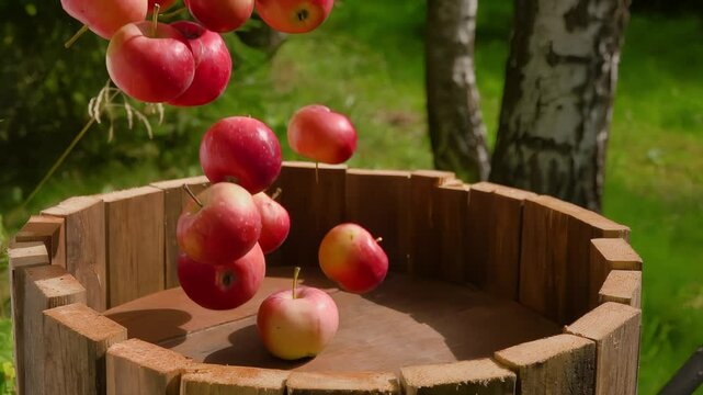 Ripe delicious red apples are falling into the wooden barell outdoors on the background of green lawn. 