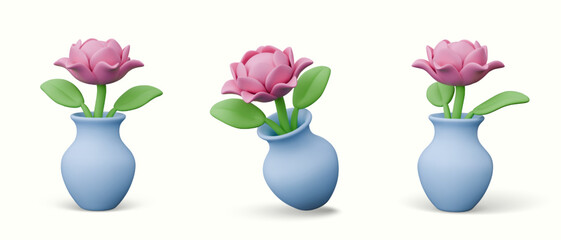 Blue clay vase with large flower. Fresh pink peony in jug. Set of vector models