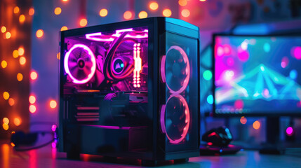 Gaming PC case or tower with RGB and led glowing parts, placed on the table
