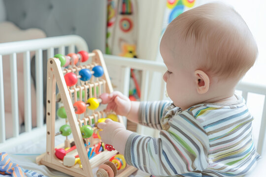 A baby in a striped shirt plays with a colorful wooden abacus in a well-lit, cozy nursery, deeply focused on moving the beads.