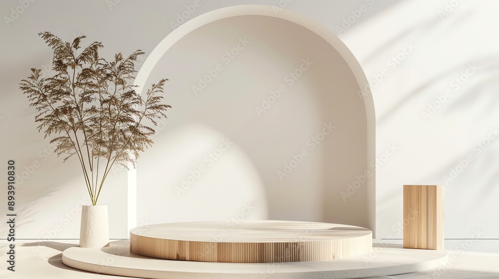 Poster 3d rendering of a podium with a natural theme. the podium is made of wood and has a circular shape.