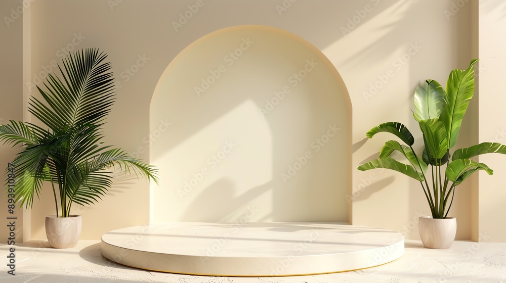 Poster 3d rendering of a product display platform with a beige background.