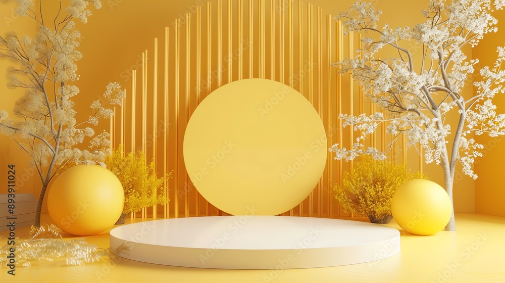 Aufkleber 3d rendering of a podium with a yellow background. the podium is made of white and has a circular sh
