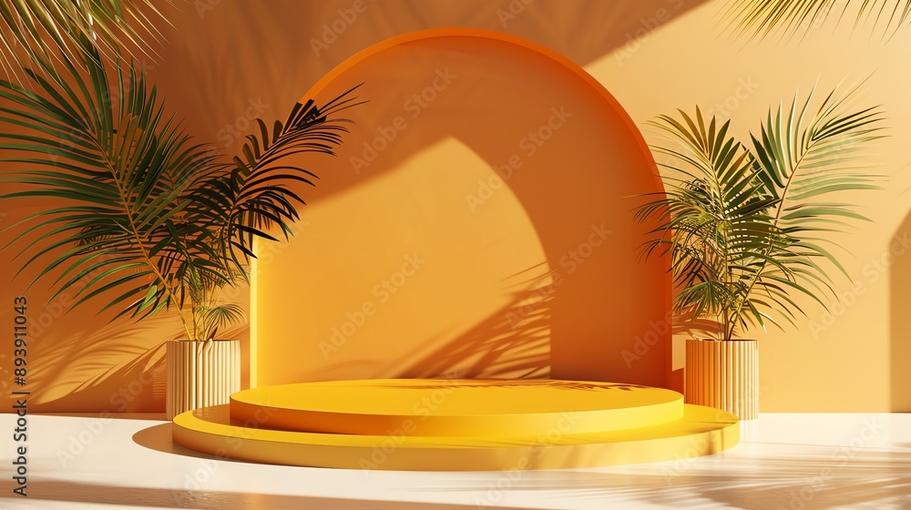 Poster 3d rendering of a product display platform with a curved wall and palm trees. the platform is made o