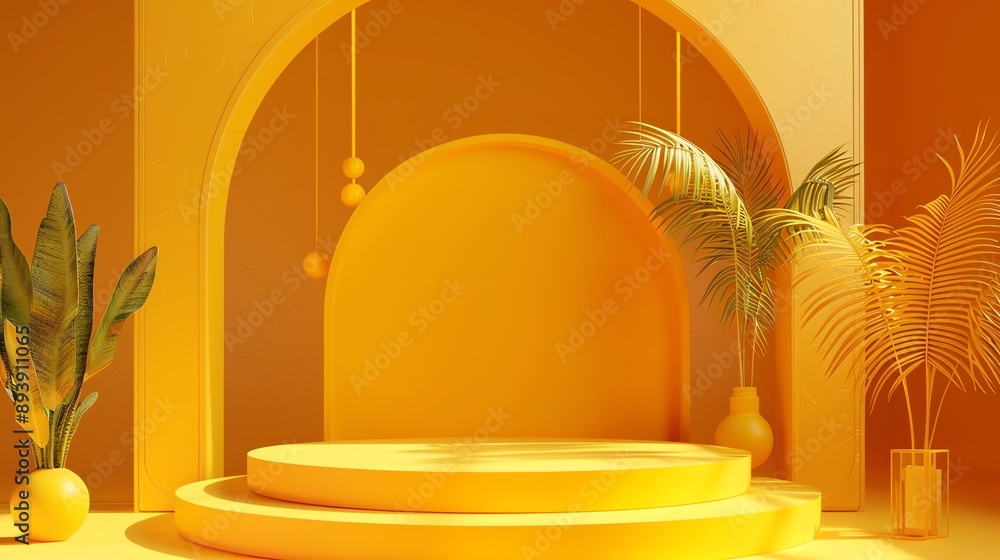 Aufkleber 3d rendering of a bright yellow podium with a large archway in the back.