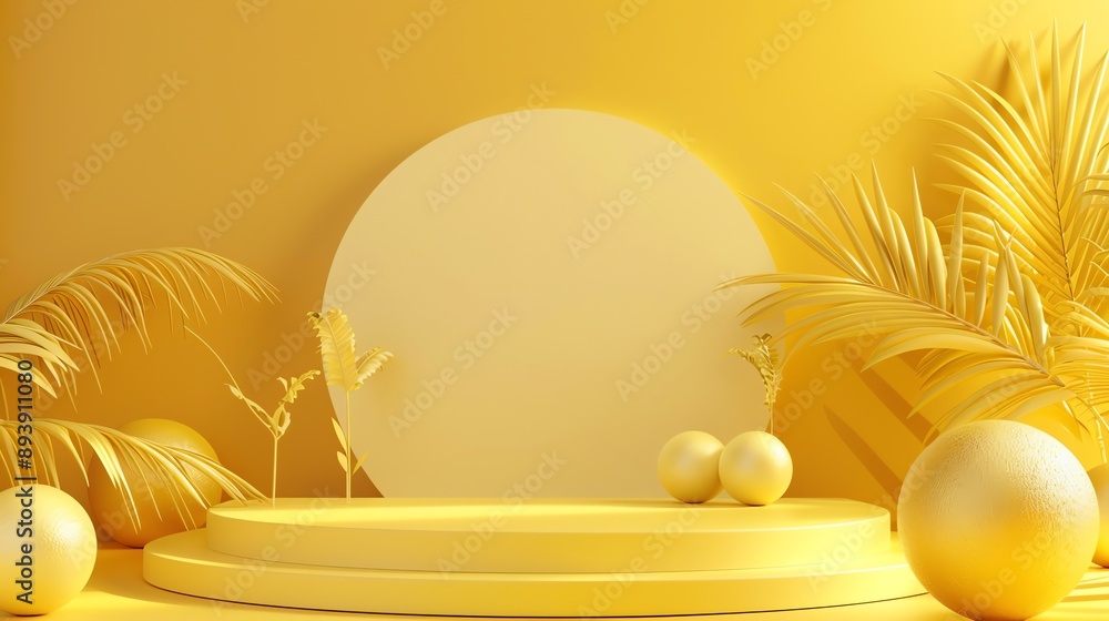Poster 3d rendering of a yellow podium with a large yellow circle on the wall behind it. there are some yel