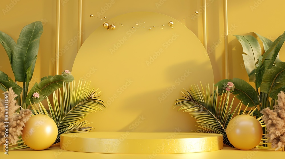 Poster 3d rendering of a yellow podium with a large round backdrop. there are two large palm leaves and som