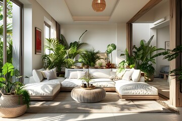 Serene Indoor Oasis: A Lush Living Room with Cozy Seating and Abundant Greenery