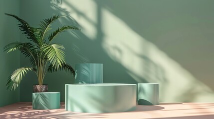 3D rendering of a green podium with a palm tree. The podium is made up of three cylinders of different heights.