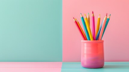 Fototapeta premium Vibrant Colored Pencils in a Stylish Pot Against a Pastel Background