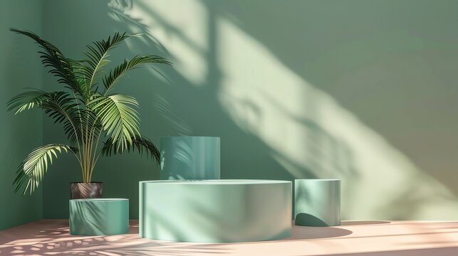 3D rendering of a green podium with a palm tree. The podium is made up of three cylinders of different heights.