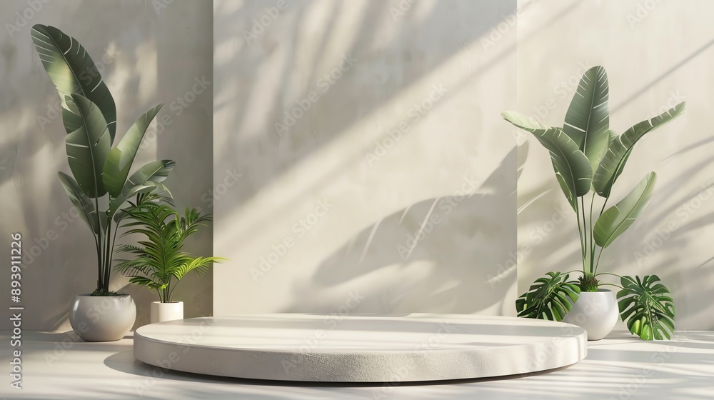 Poster 3d rendering of a product display platform with a tropical theme. the platform is made of white conc
