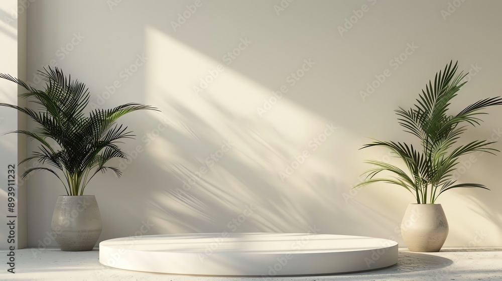 Poster 3d rendering of a product display platform with two potted palm trees on either side.