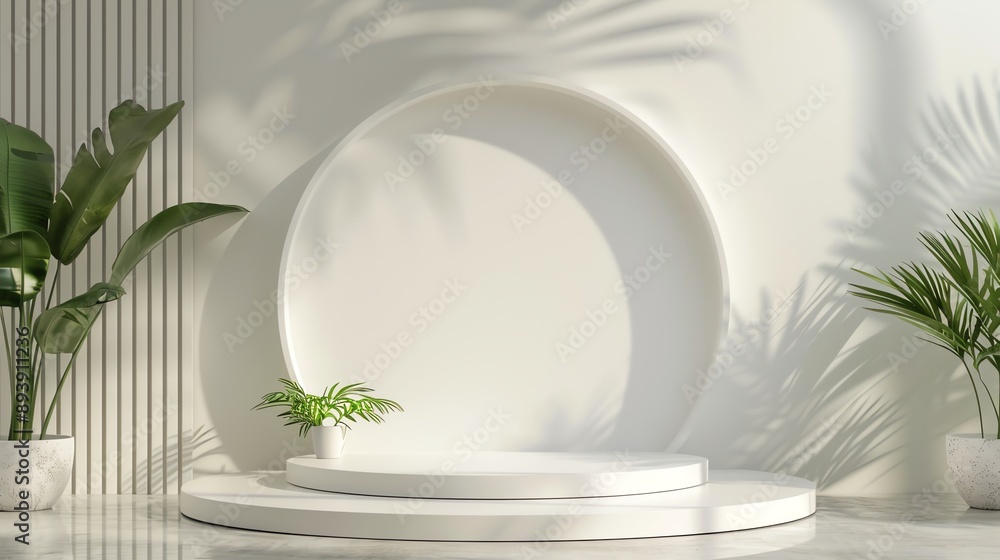 Aufkleber 3d rendering of a white podium with a circular backdrop. there are potted plants on either side of t