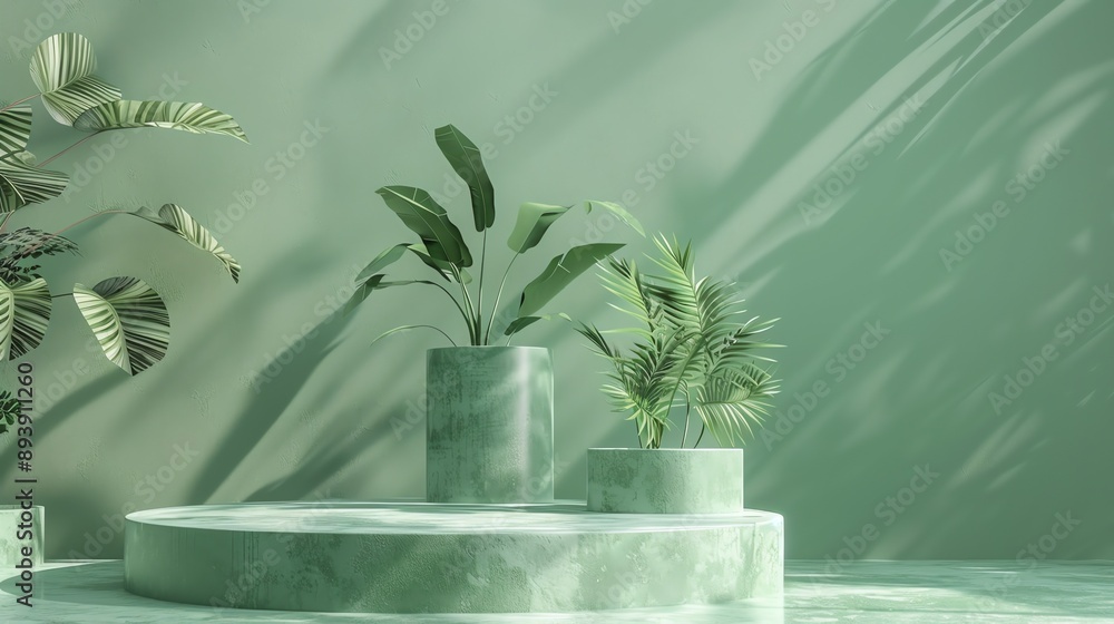 Poster a 3d rendering of a green podium with a textured surface. there are two potted plants on the podium,