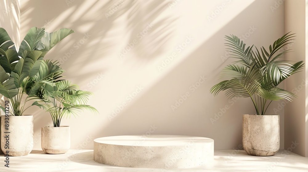 Aufkleber 3d rendering of a concrete podium with potted plants on each side. the podium is set against a beige