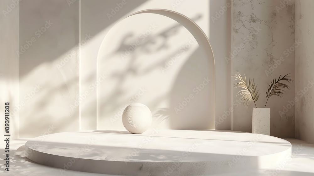 Aufkleber 3d rendering of a podium with a white textured sphere on it. the podium is in a large, open space wi