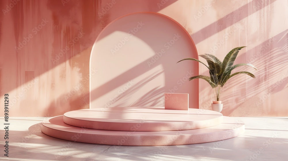 Aufkleber 3d rendering of a pink podium with a potted plant on the right side. the podium has three levels and