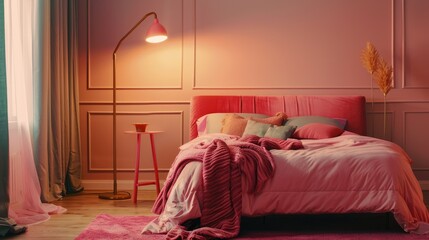 Pink Velvet Bed in Cozy Bedroom Corner with Blanket, Pillows, Floor Lamp, and Two-Tone Walls -- Interior Design Concept