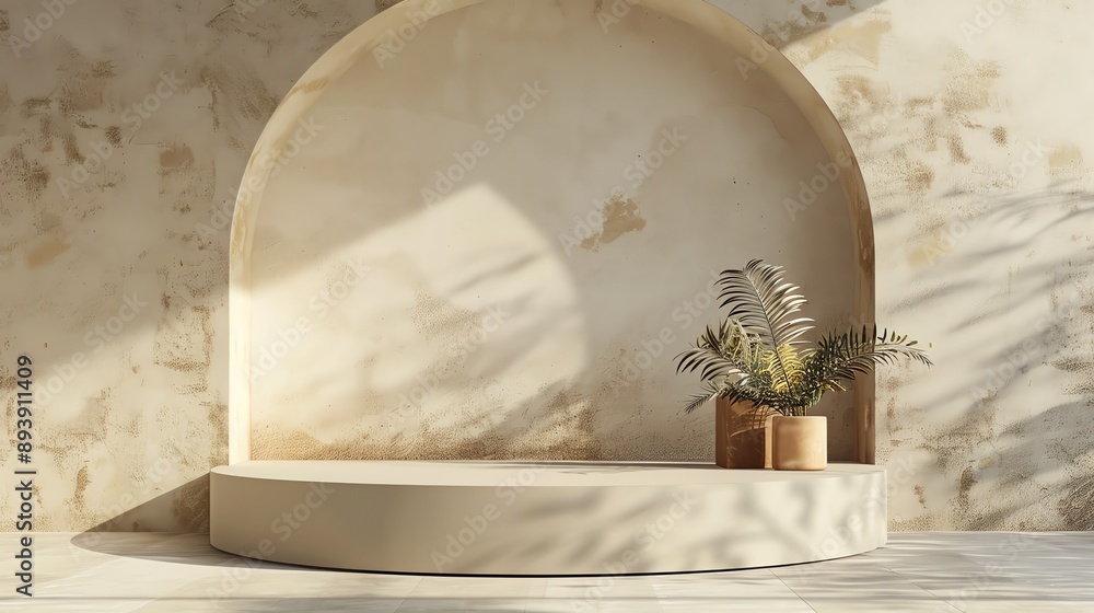 Poster 3d rendering of a podium with a beige background. there are two potted plants on the left side of th