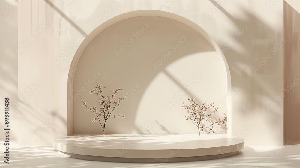 Poster 3d rendering of a simple and elegant product display stage with a beige background.