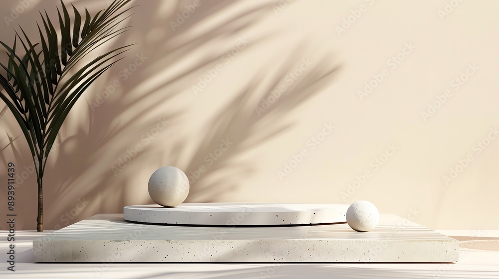 Poster 3d rendering of a beige podium with a large palm leaf on the left side and two beige spheres on the 