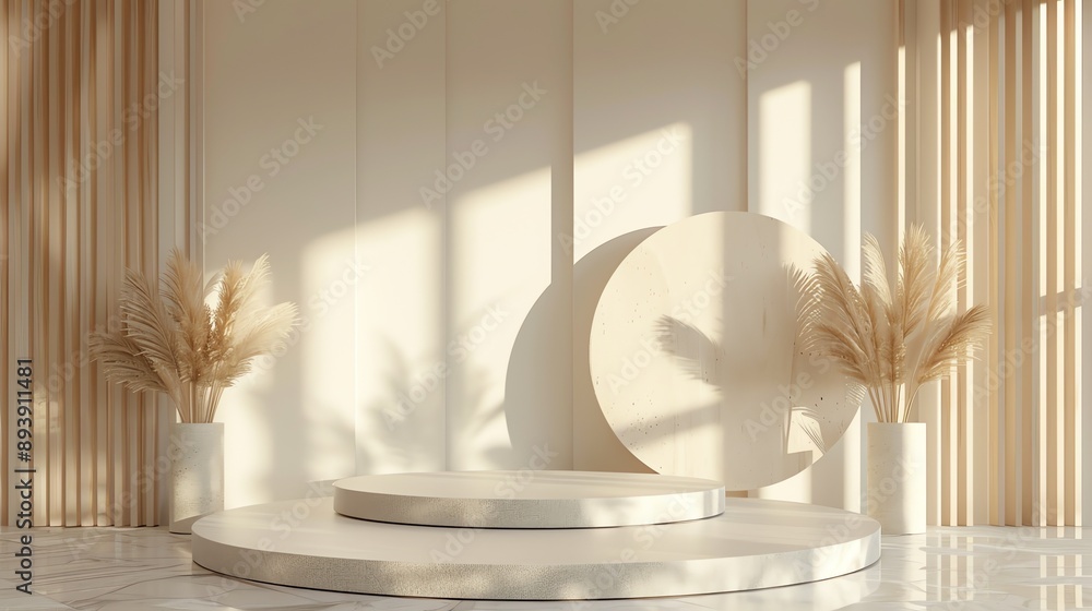 Poster 3d rendering of a product display platform with a beige color scheme.