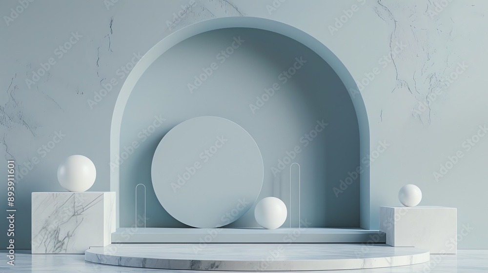Poster 3d rendering of a minimalist scene with a podium and geometric shapes. the podium is made of marble 