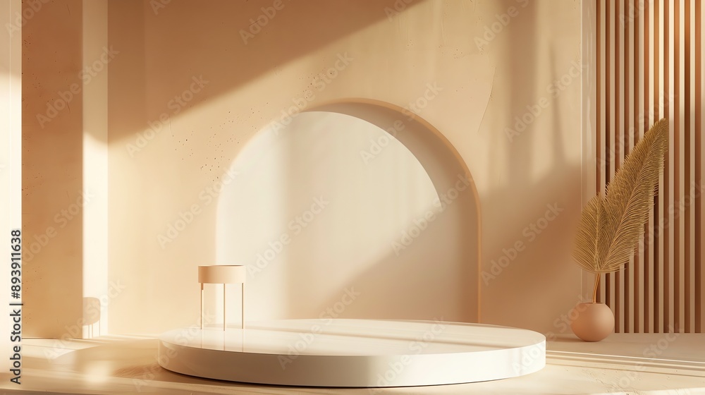 Poster 3d rendering of a product display platform with a curved wall and a single plant in a vase.