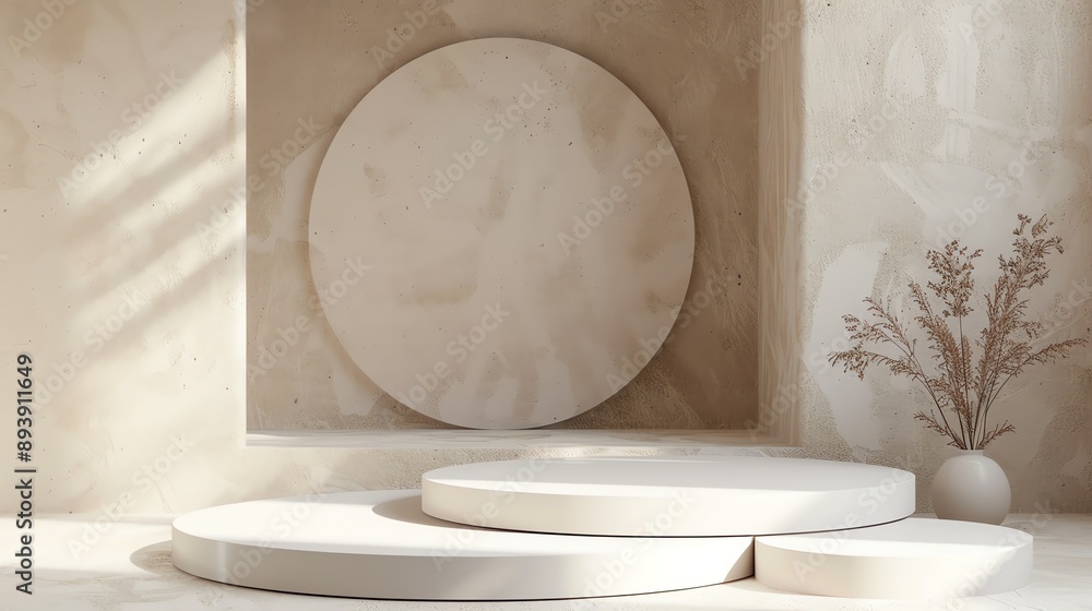 Poster 3d rendering of a beige podium with a round backdrop. a dried plant in a vase is placed on the right