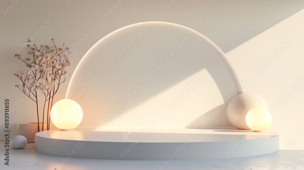 Poster 3d rendering of a product display platform with a curved wall and soft lighting.