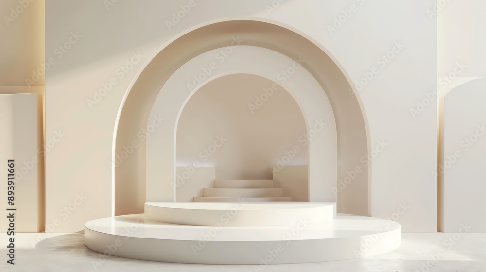 Poster 3d rendering of an empty podium. pastel colors. the podium is made of 3 steps and has a cylindrical 