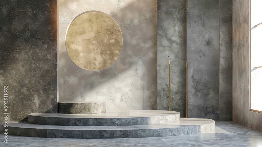 Poster 3d rendering of a concrete room with a round window and a podium. the room is lit by a soft light fr