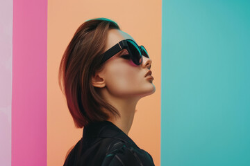 A woman in oversized dark sunglasses poses against a colorful pastel backdrop, radiating a sleek and sophisticated fashion-forward aura.