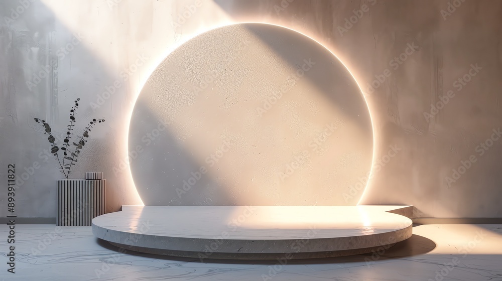 Poster 3d rendering of a product display platform with a circular spotlight. the platform is made of white 