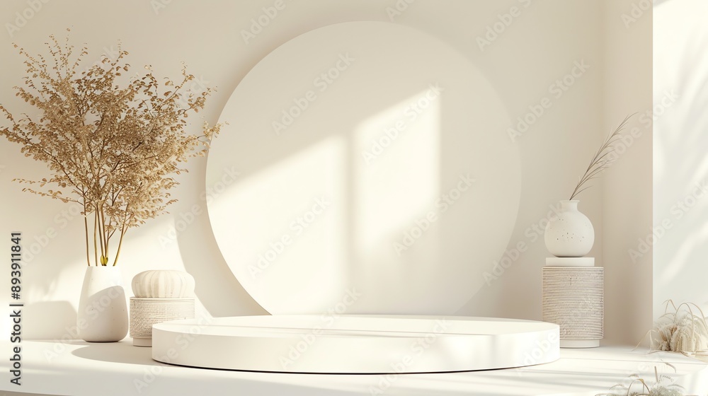 Poster 3d rendering of a product display. a podium stands in the center of the scene, with a large round ba