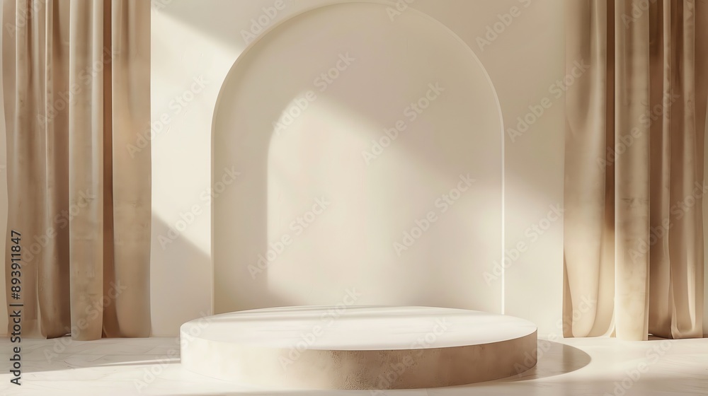 Aufkleber 3d rendering of a beige podium with a beige background. there are curtains on each side of the podiu