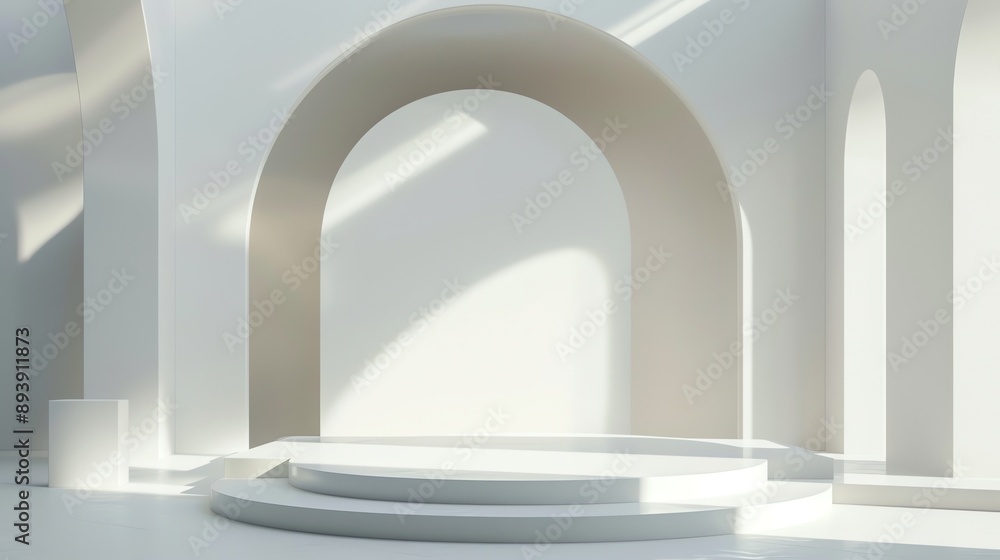 Poster 3d rendering of a podium with a spotlight on it. the podium is surrounded by a white wall with arche