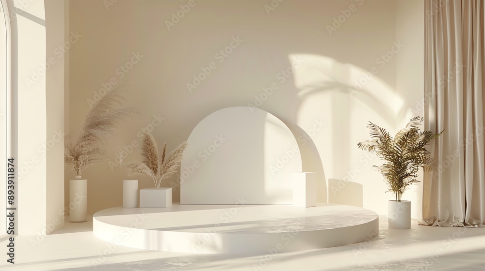 Poster 3d rendering of a product display. there is a large empty podium in the center of the scene.