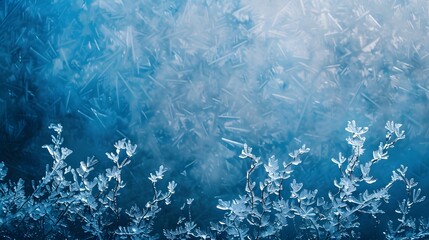 Fototapeta premium A captivating close-up of intricate frost patterns against a cool blue background, featuring delicate ice-covered leaves, evoking a winter wonderland aesthetic. 