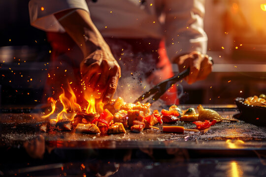 A chef's hands meticulously prepare a teppanyaki dish as vibrant flames and steam rise from the grill.