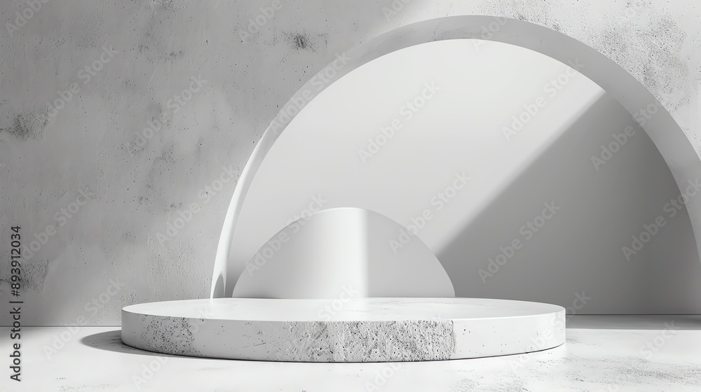 Poster white concrete podium with shadow and curve background. minimal 3d rendering scene for product displ